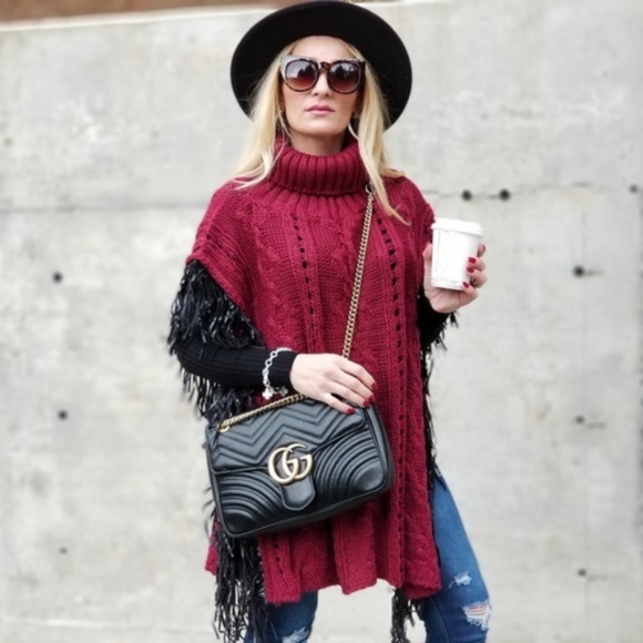 MODA ME COUTURE Sweaters - LENORA Sweater Poncho with Fringe -burgundy